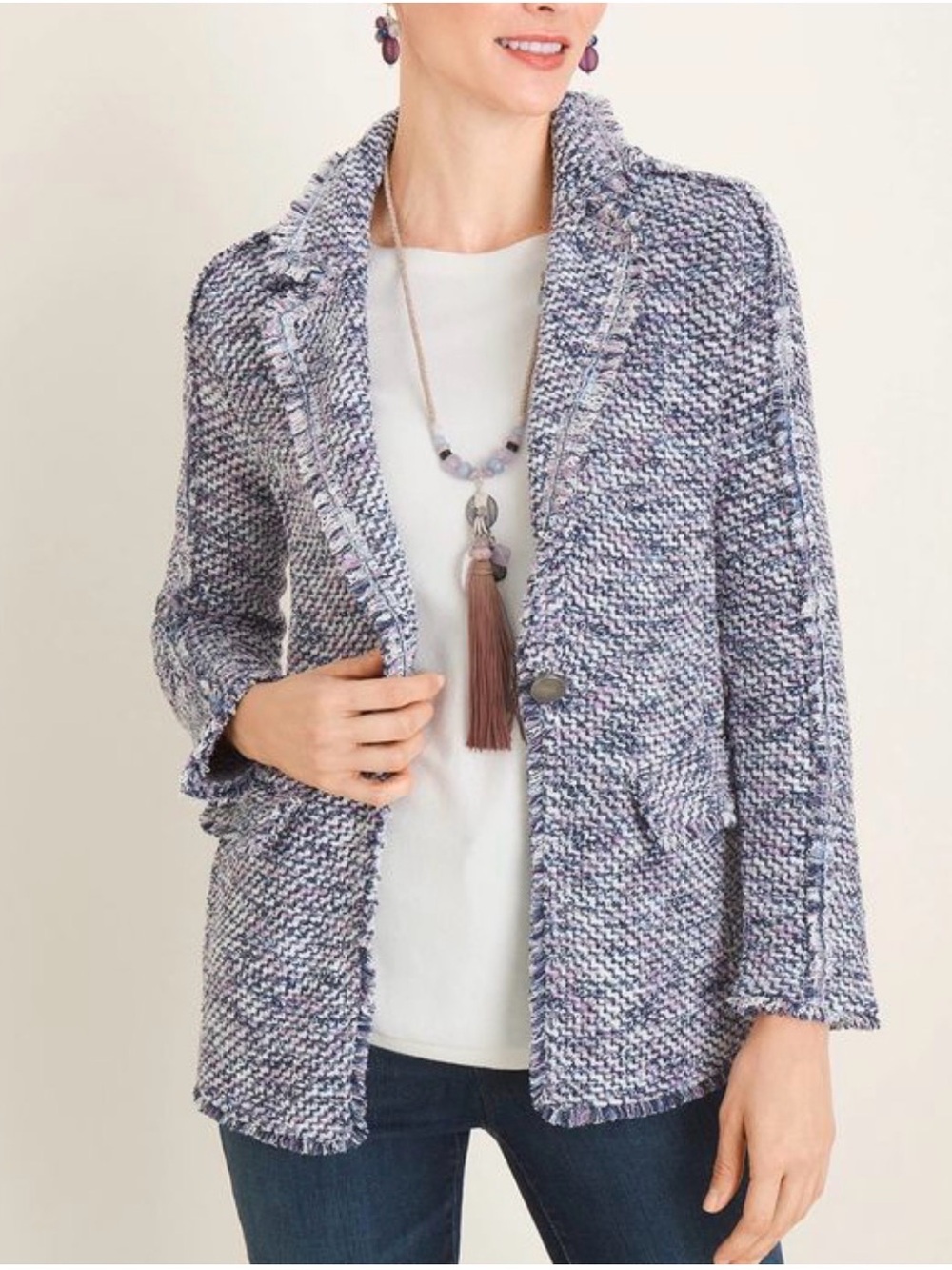 Chico’s Tweed Boucle Blazer Size 3 Fringe Trim Cotton Blend Textured Pockets XL